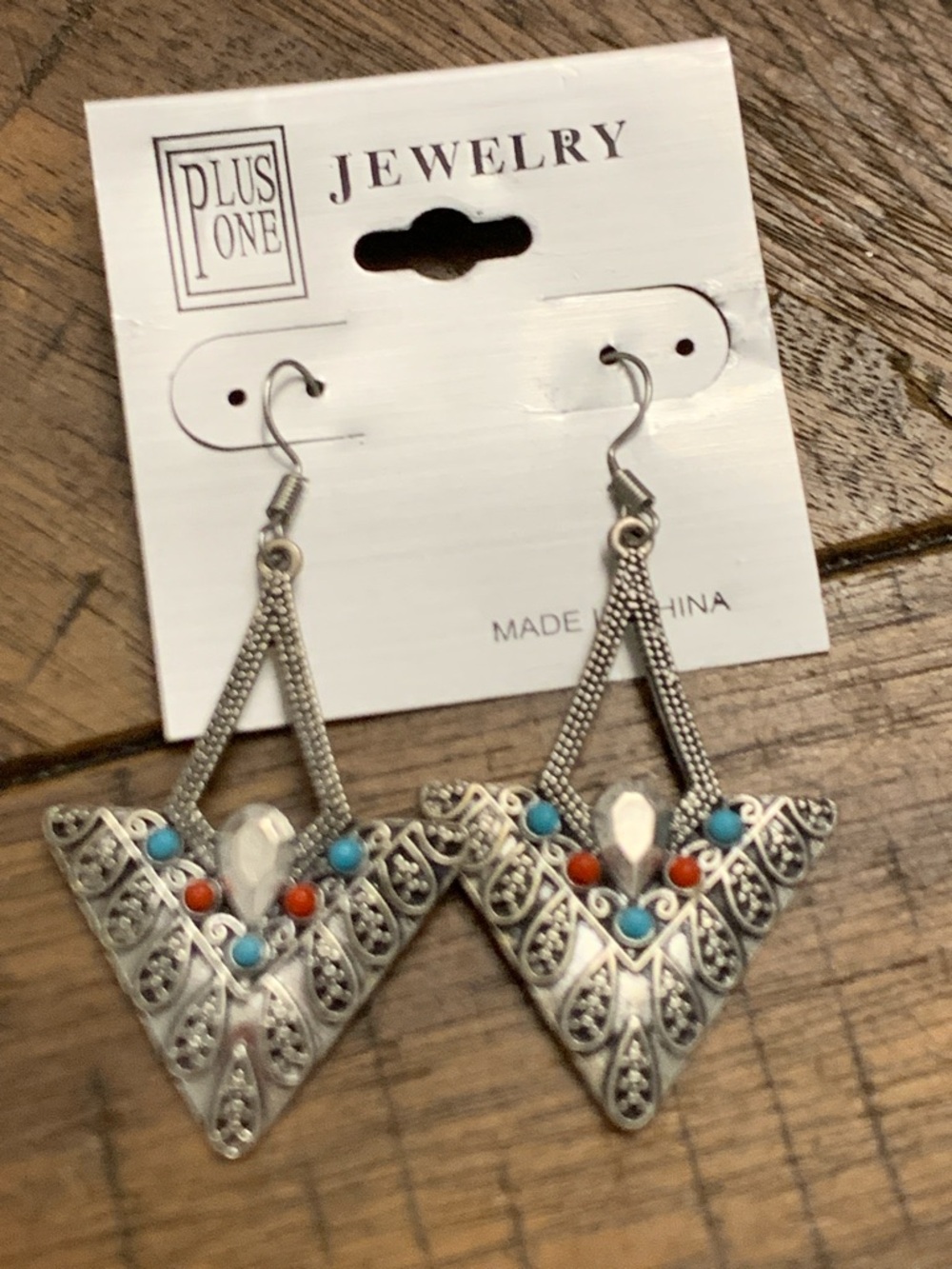 Tribal-Inspired Silver Triangle Earrings with Turquoise & Coral Accents